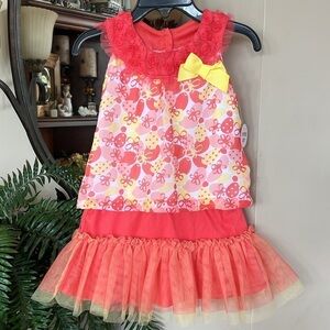 Brand New Little Lass 2-Piece Set Orange & Yellow Floral Mesh Top Ruffle Skirt